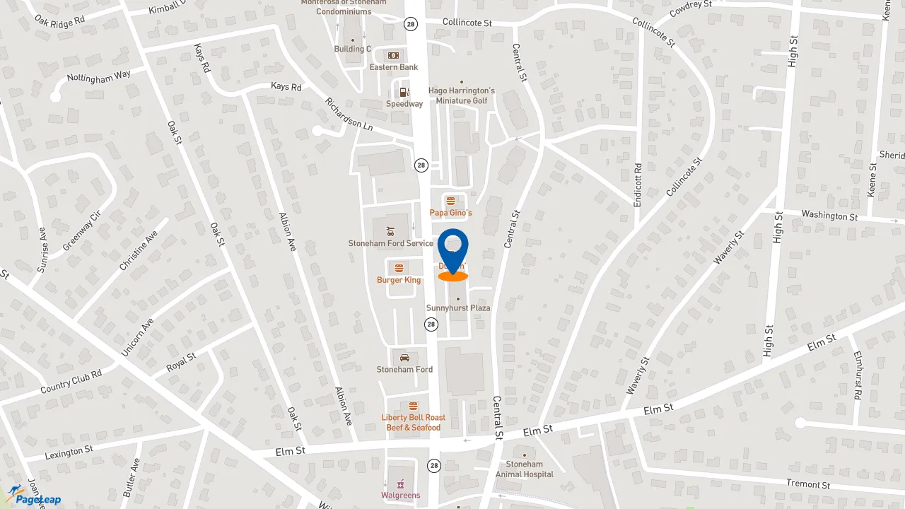 https://pageleap.com map showing location of Dunkin&#039; in Stoneham.