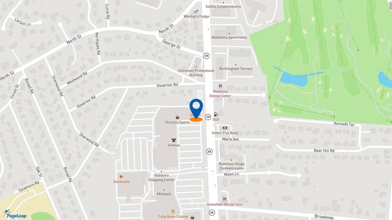 https://pageleap.com map showing location of Dunkin&#039; in Stoneham.