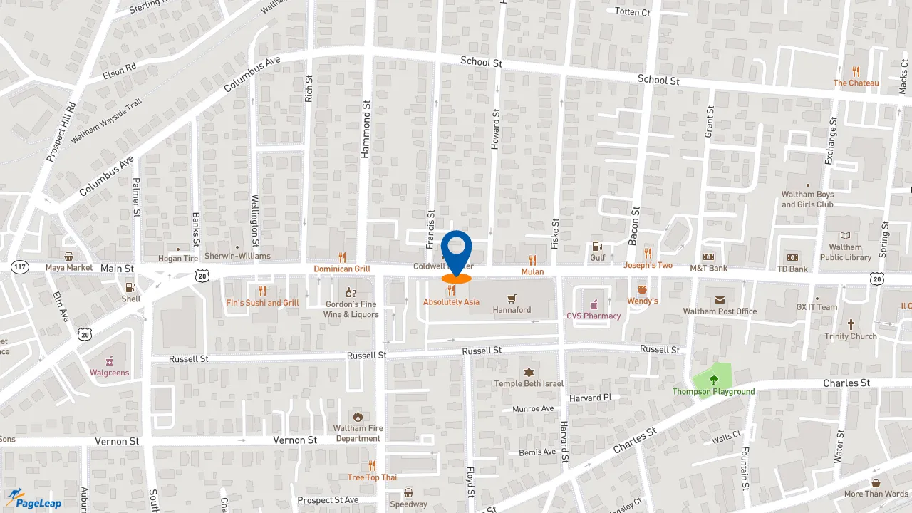 https://pageleap.com map showing location of Dunkin&#039; in Waltham.