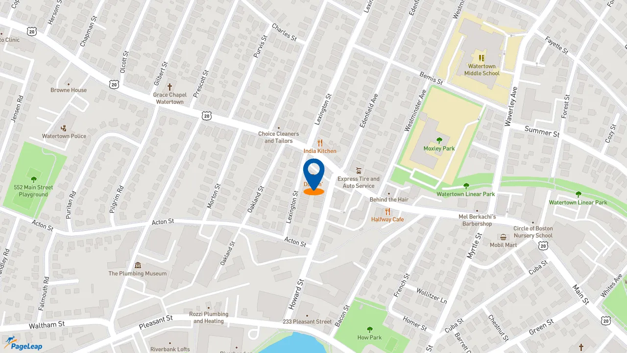 https://pageleap.com map showing location of Dunkin&#039; in Watertown.