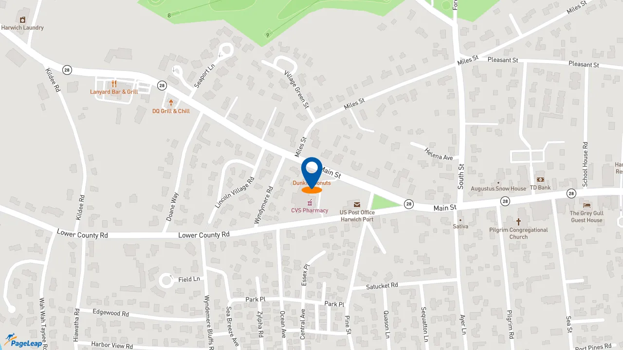 https://pageleap.com map showing location of Dunkin&#039; in Harwich.