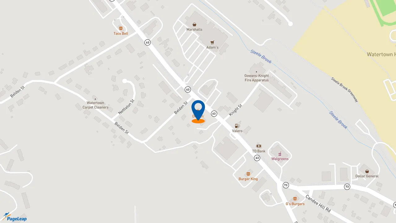 https://pageleap.com map showing location of Dunkin&#039; in Watertown.