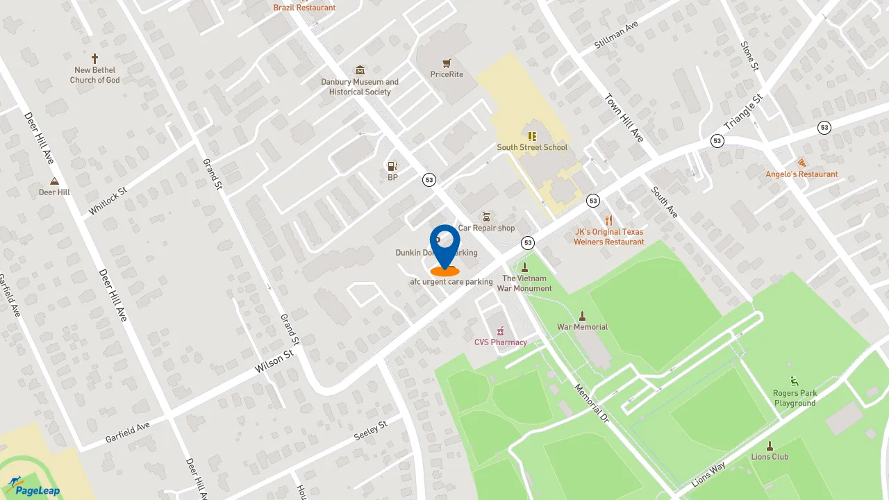 https://pageleap.com map showing location of Dunkin&#039; in Danbury.