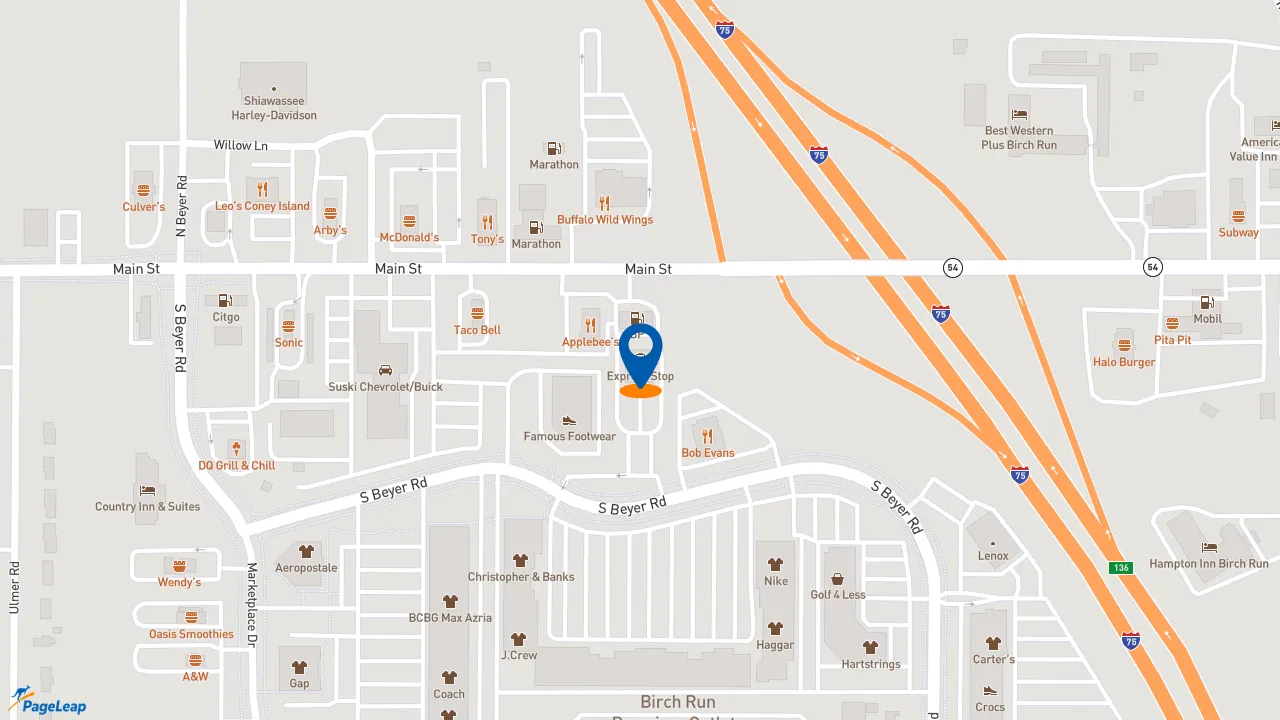 https://pageleap.com map showing location of Dunkin&#039; in Birch Run.