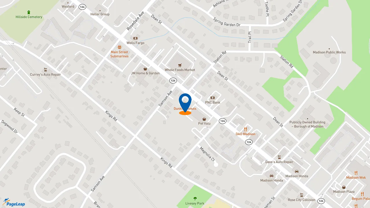 https://pageleap.com map showing location of Dunkin&#039; in Madison.