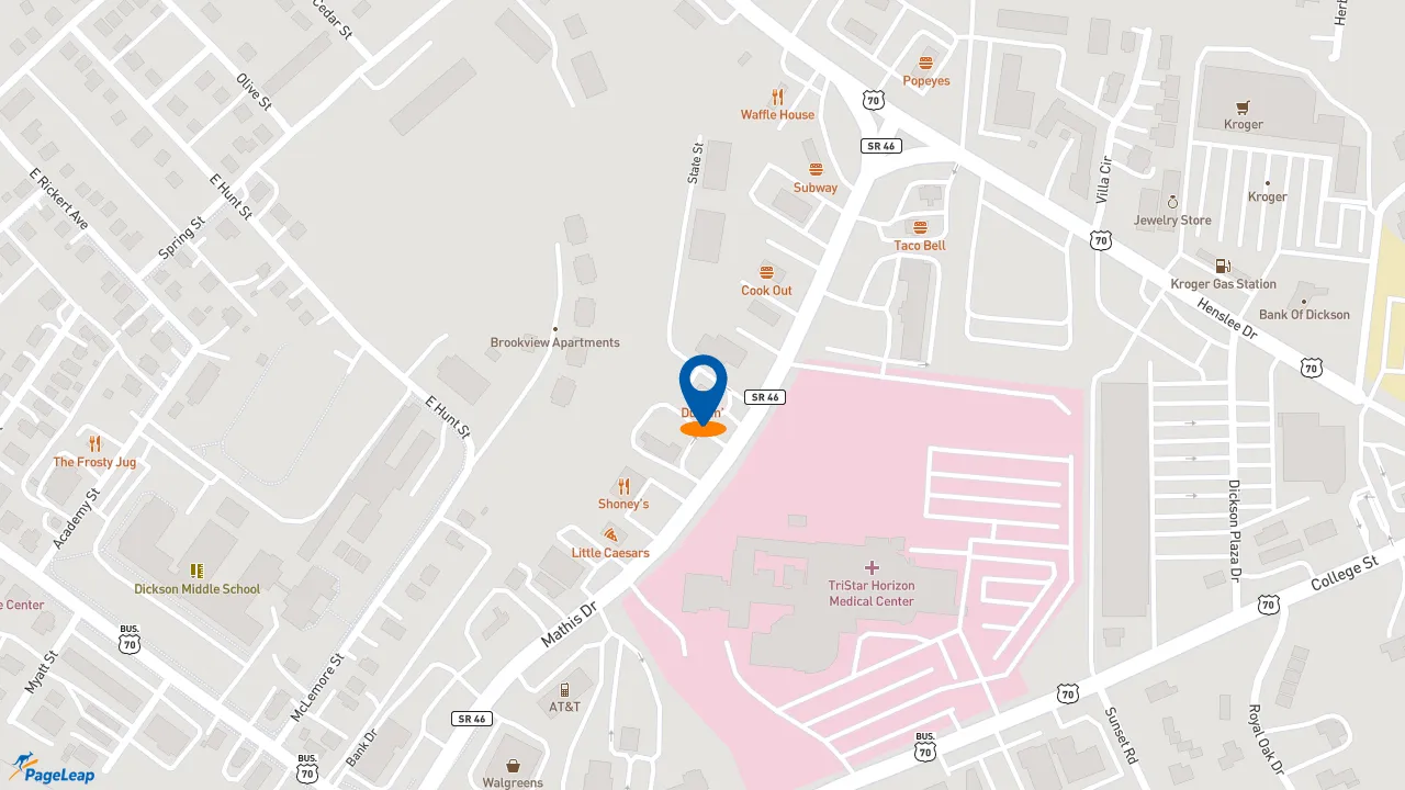 https://pageleap.com map showing location of Dunkin&#039; in Dickson.