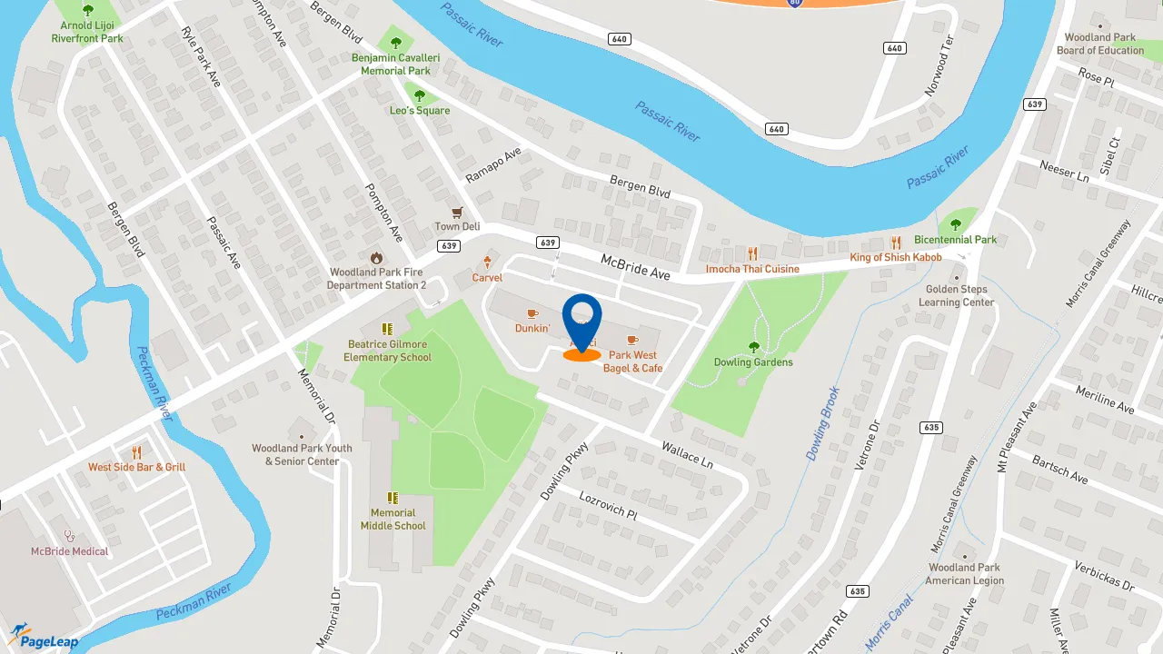 https://pageleap.com map showing location of Dunkin&#039; in Woodland Park.