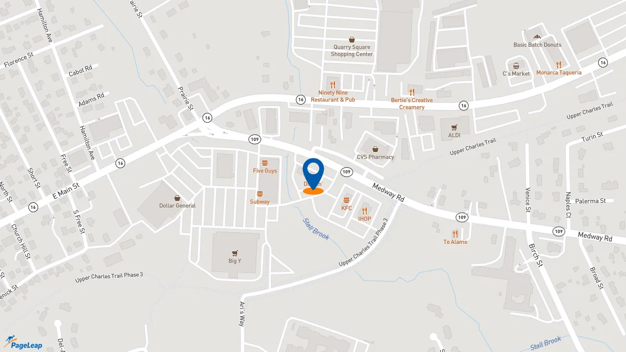 https://pageleap.com map showing location of Dunkin&#039; in Milford.