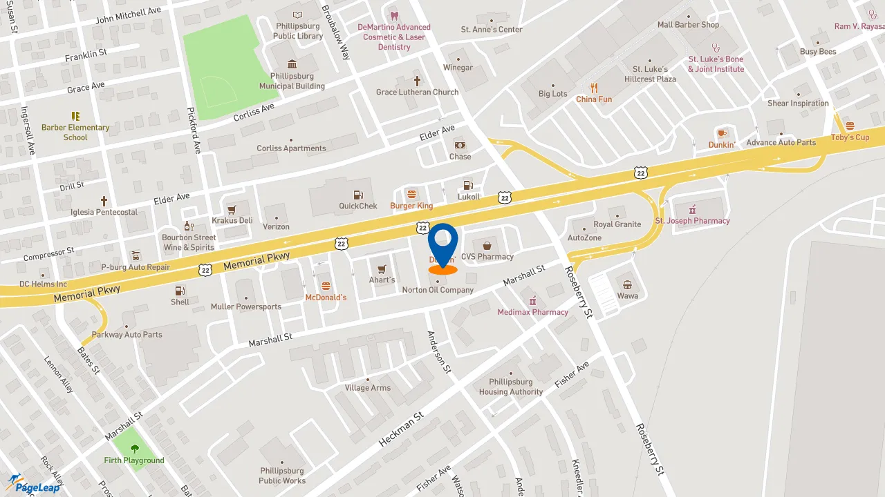 https://pageleap.com map showing location of Dunkin&#039; in Phillipsburg.