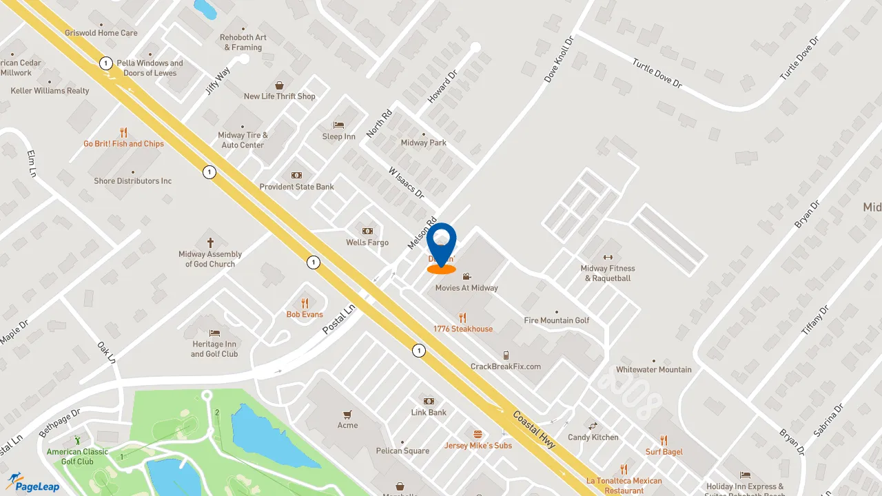 https://pageleap.com map showing location of Dunkin&#039; in Rehoboth Beach.