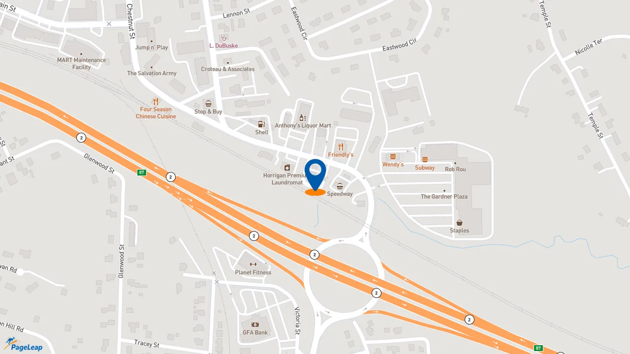 https://pageleap.com map showing location of Dunkin&#039; in Gardner.