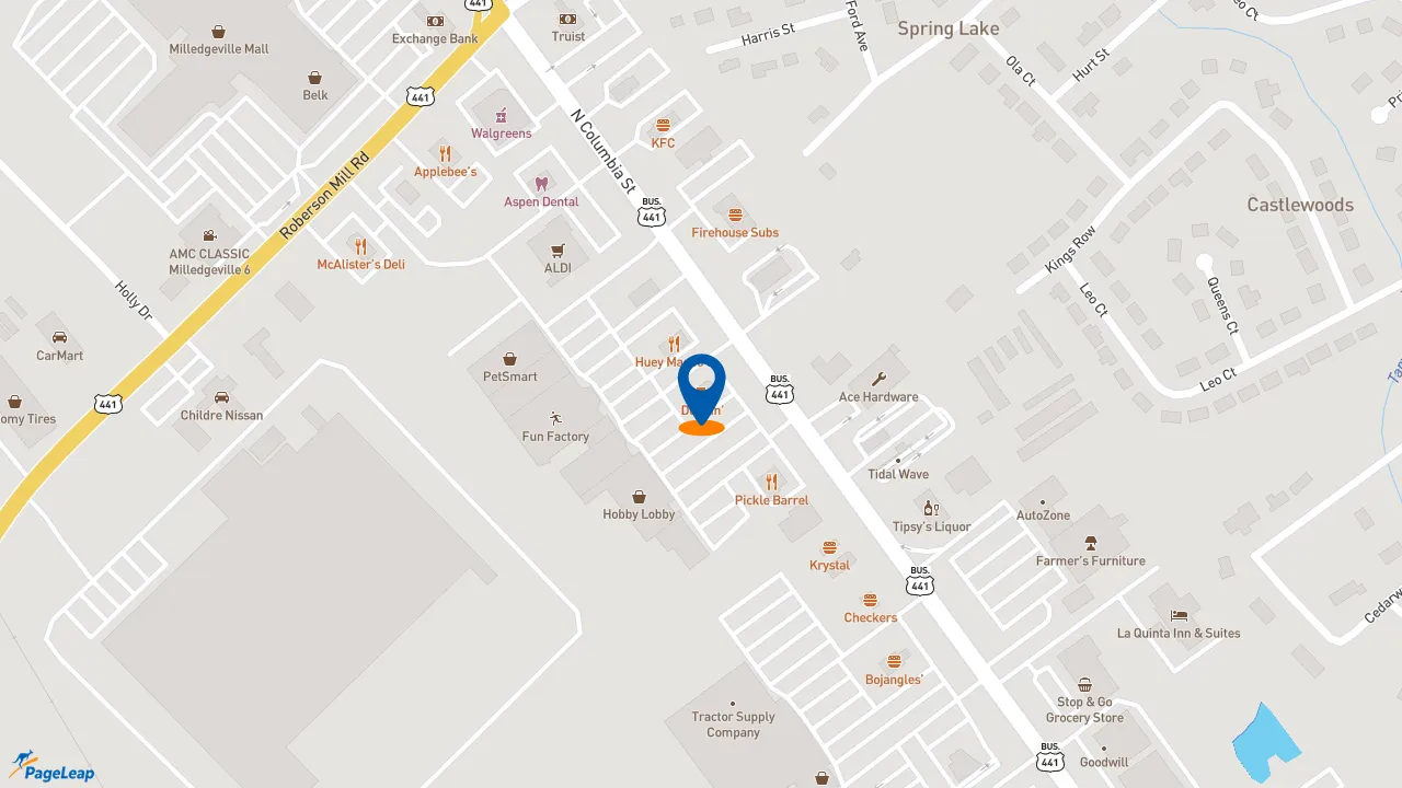 https://pageleap.com map showing location of Dunkin&#039; in Milledgeville.