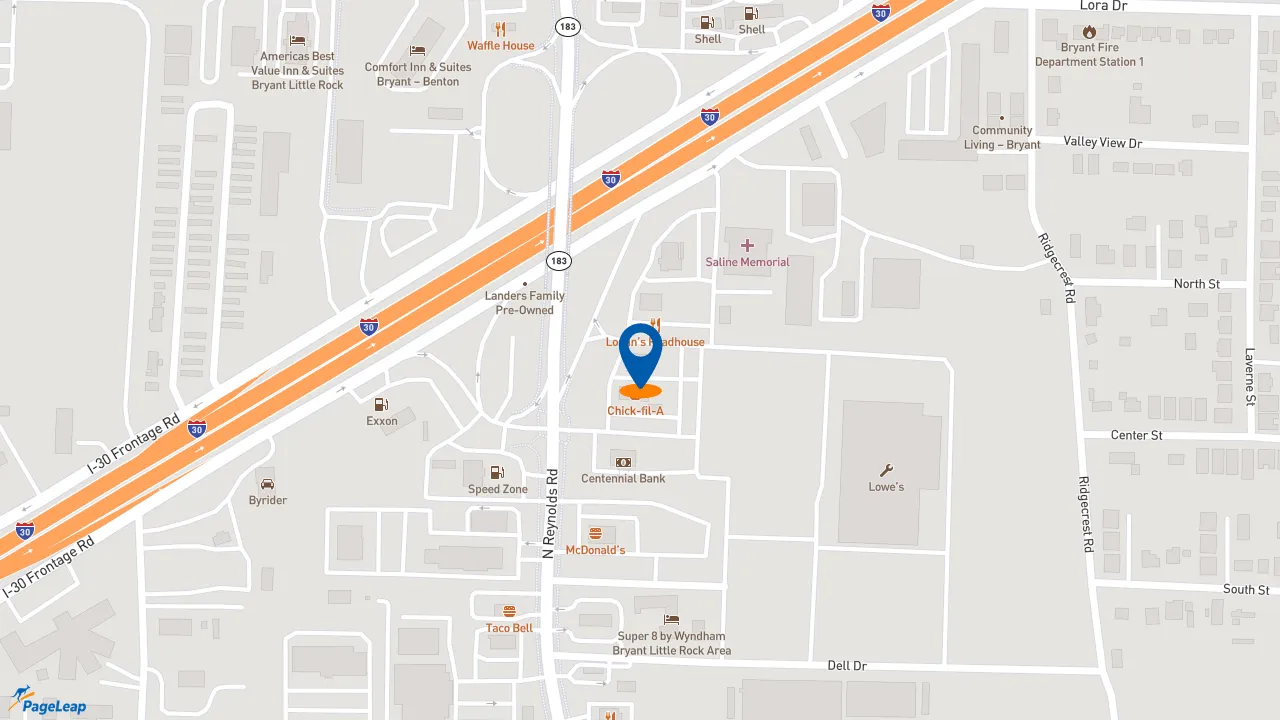 https://pageleap.com map showing location of Dunkin&#039; in Bryant.