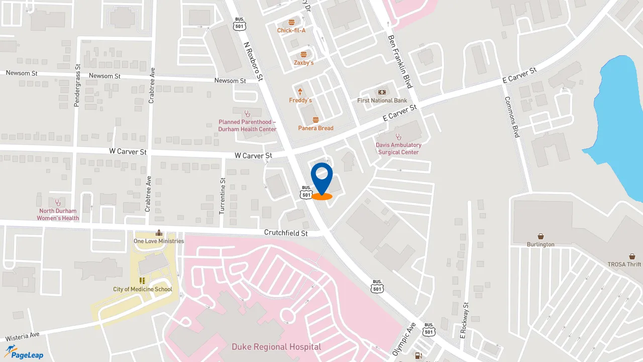 https://pageleap.com map showing location of Dunkin&#039; in Durham.