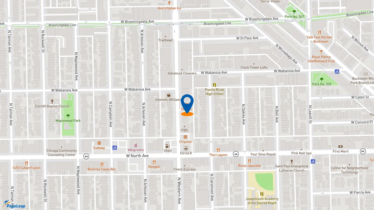 https://pageleap.com map showing location of Dunkin&#039; in Chicago.