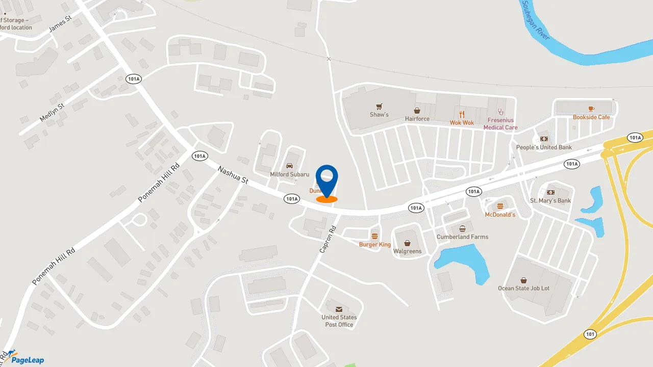 https://pageleap.com map showing location of Dunkin&#039; in Milford.