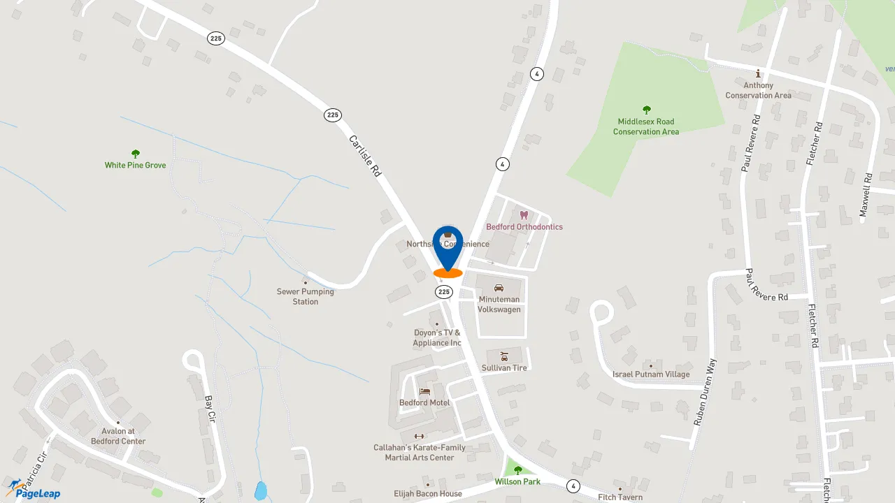 https://pageleap.com map showing location of Dunkin&#039; in Bedford.
