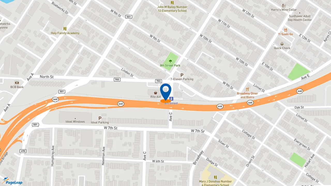 https://pageleap.com map showing location of Dunkin&#039; in Bayonne.