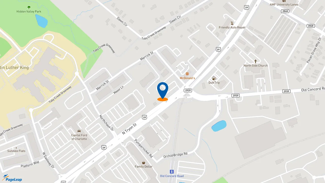 PageLeap.com map showing location of Dunkin' in Charlotte.