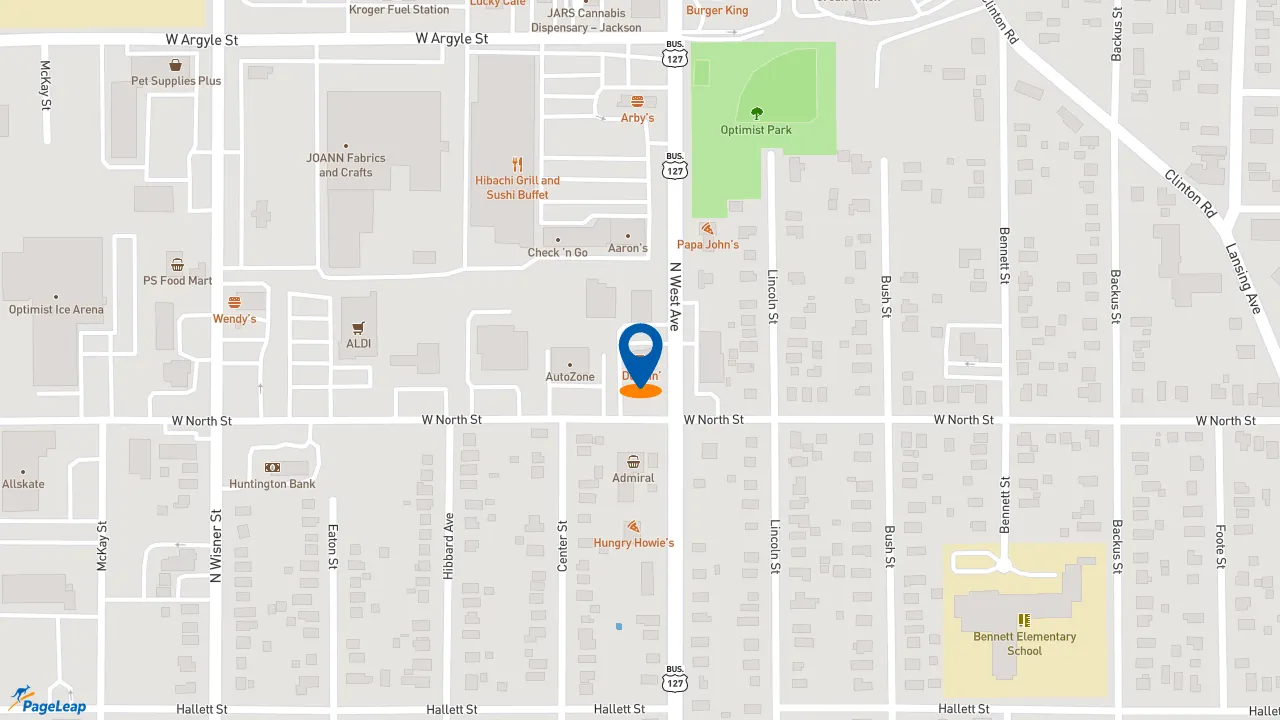 https://pageleap.com map showing location of Dunkin&#039; in Jackson.