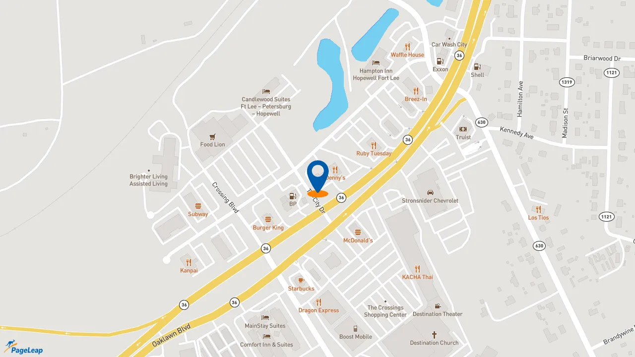 PageLeap.com map showing location of Dunkin' in Hopewell.