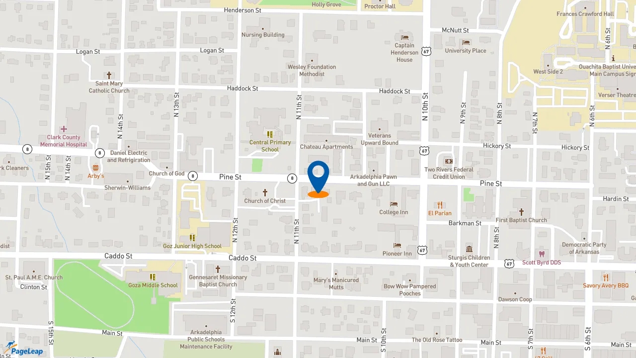https://pageleap.com map showing location of Dunkin&#039; in Arkadelphia.