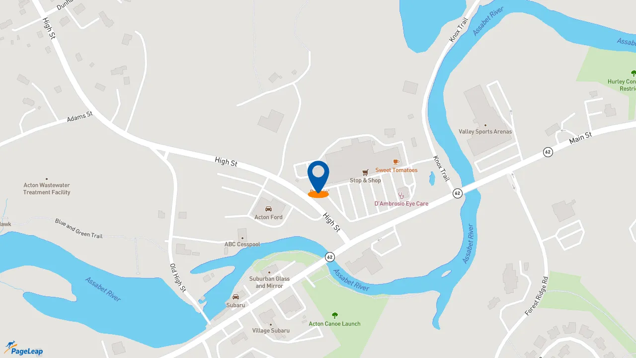 https://pageleap.com map showing location of Dunkin&#039; in South Acton.