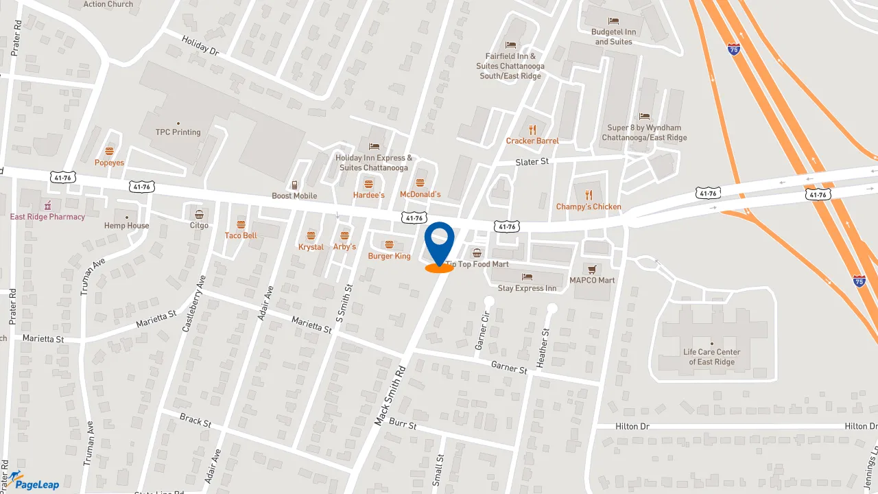 https://pageleap.com map showing location of Dunkin&#039; in East Ridge.