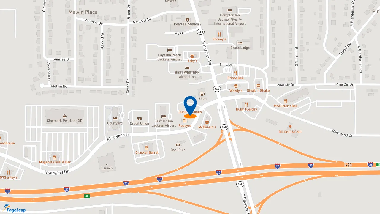 https://pageleap.com map showing location of Dunkin&#039; in Pearl.