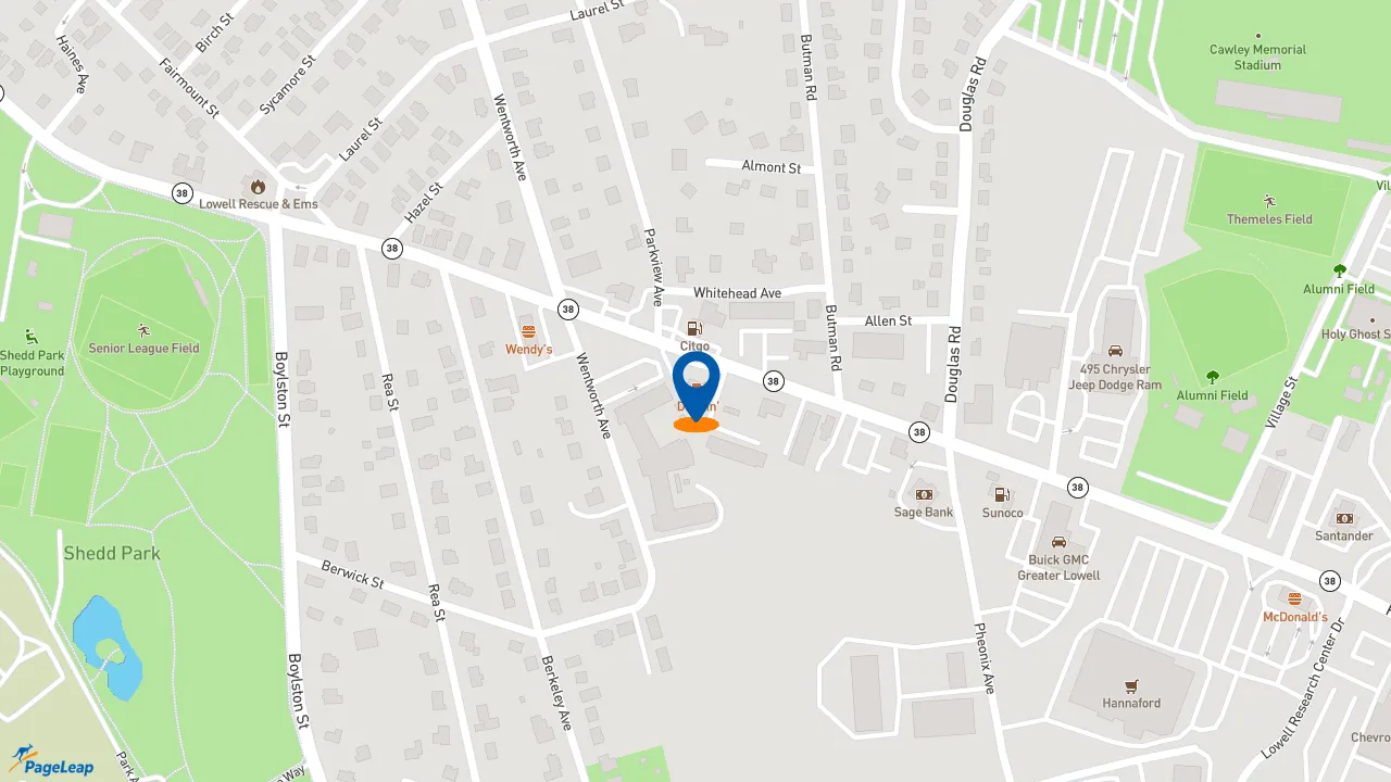 https://pageleap.com map showing location of Dunkin&#039; in Lowell.