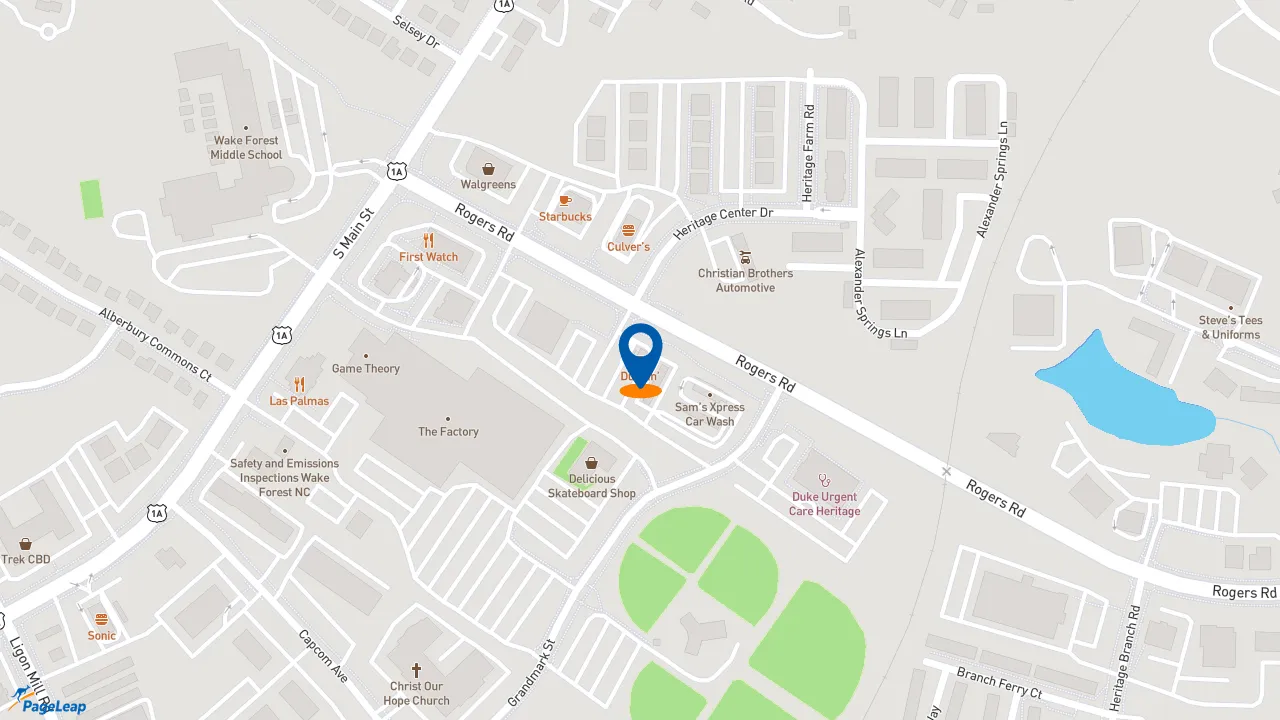 https://pageleap.com map showing location of Dunkin&#039; in Wake Forest.