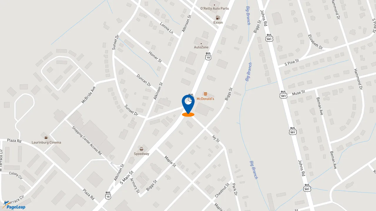 https://pageleap.com map showing location of Dunkin&#039; in Laurinburg.