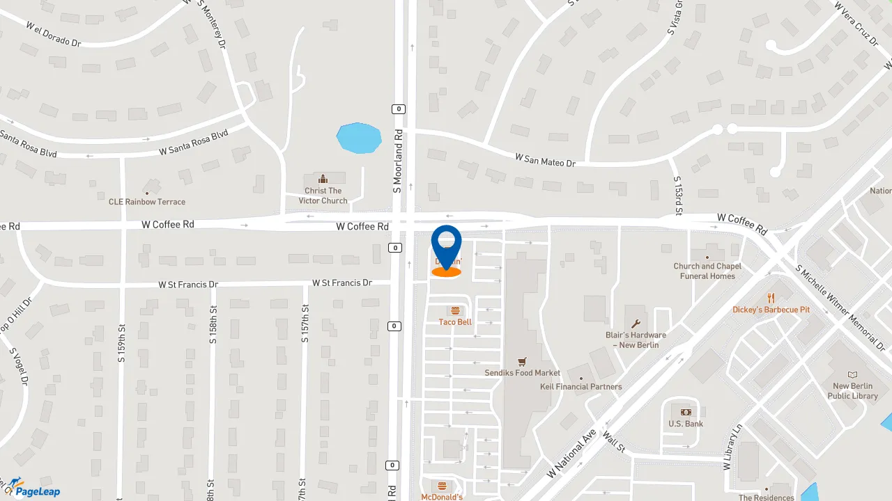https://pageleap.com map showing location of Dunkin&#039; in New Berlin.
