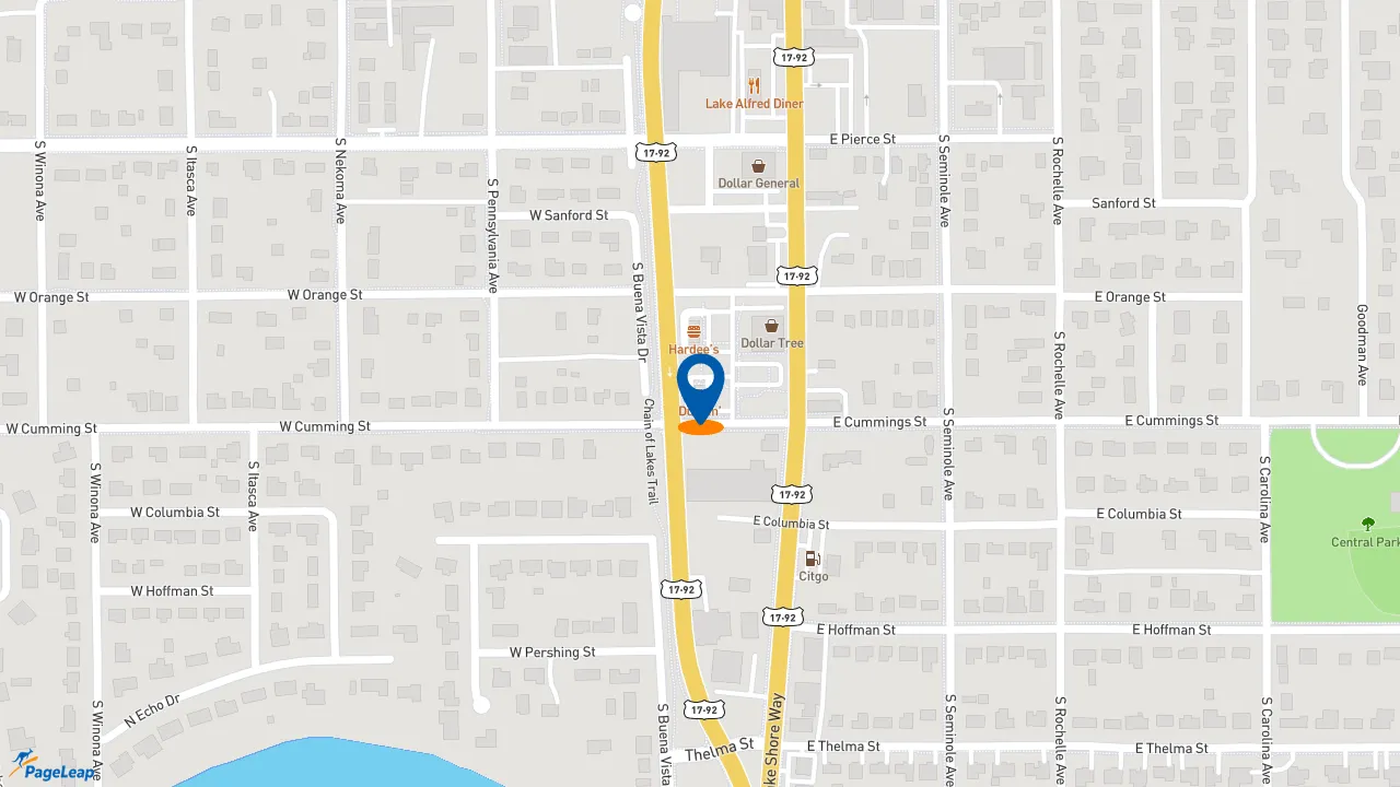https://pageleap.com map showing location of Dunkin&#039; in Lake Alfred.