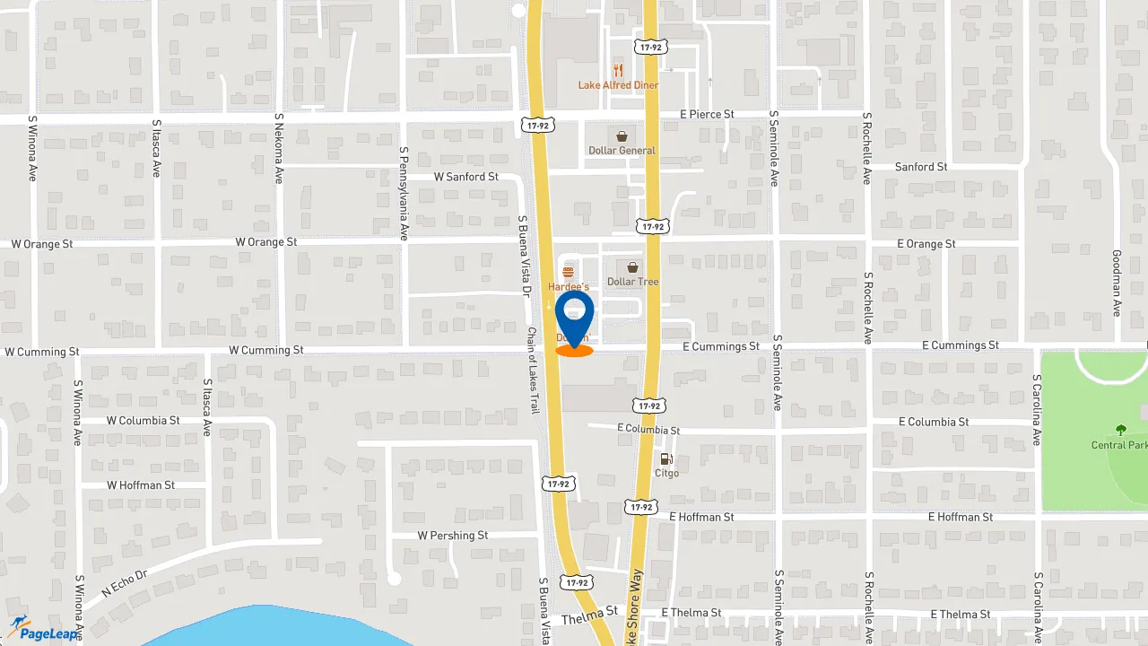 https://pageleap.com map showing location of Dunkin&#039; in Lake Alfred.
