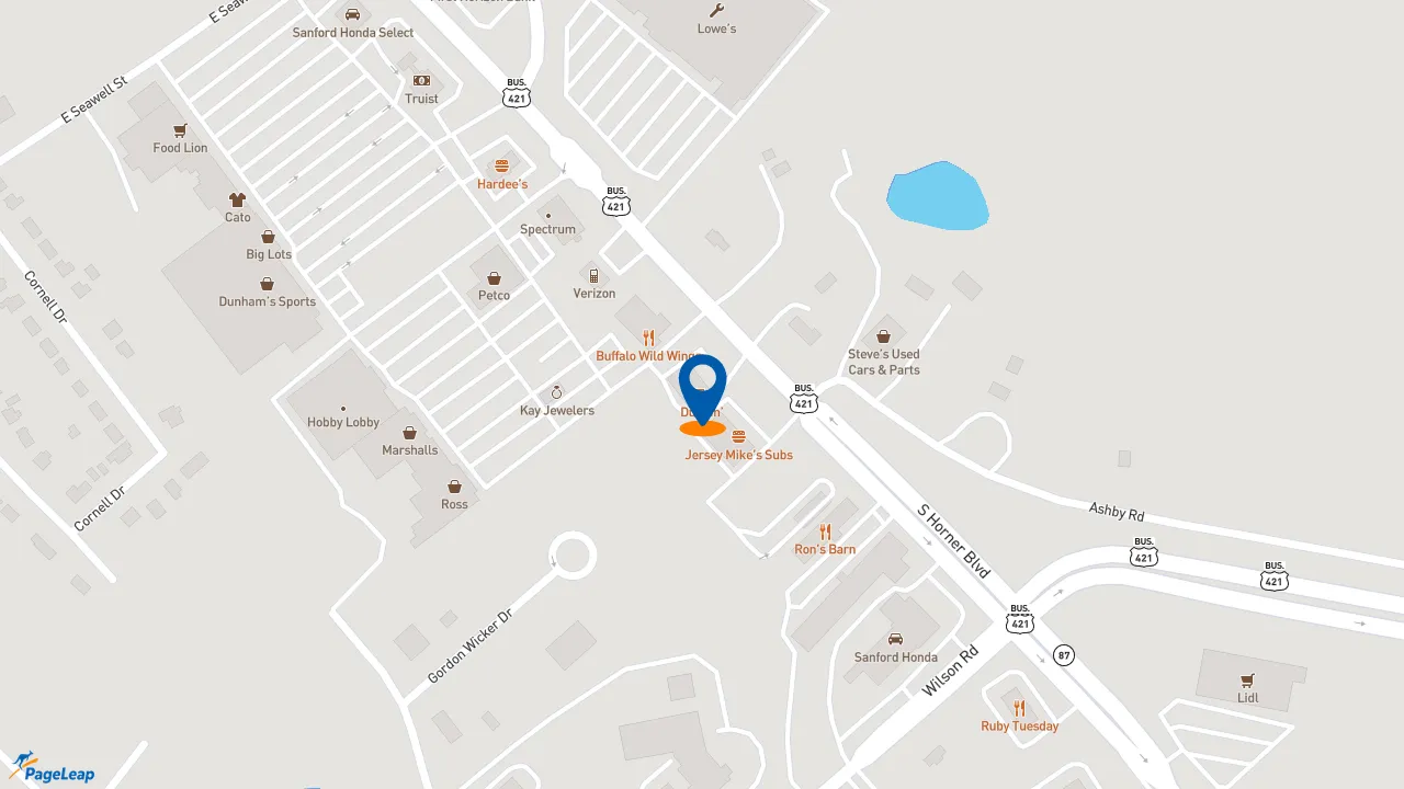 https://pageleap.com map showing location of Dunkin&#039; in Sanford.