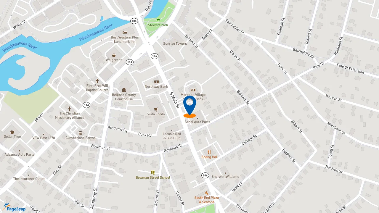 https://pageleap.com map showing location of Dunkin&#039; in Laconia.