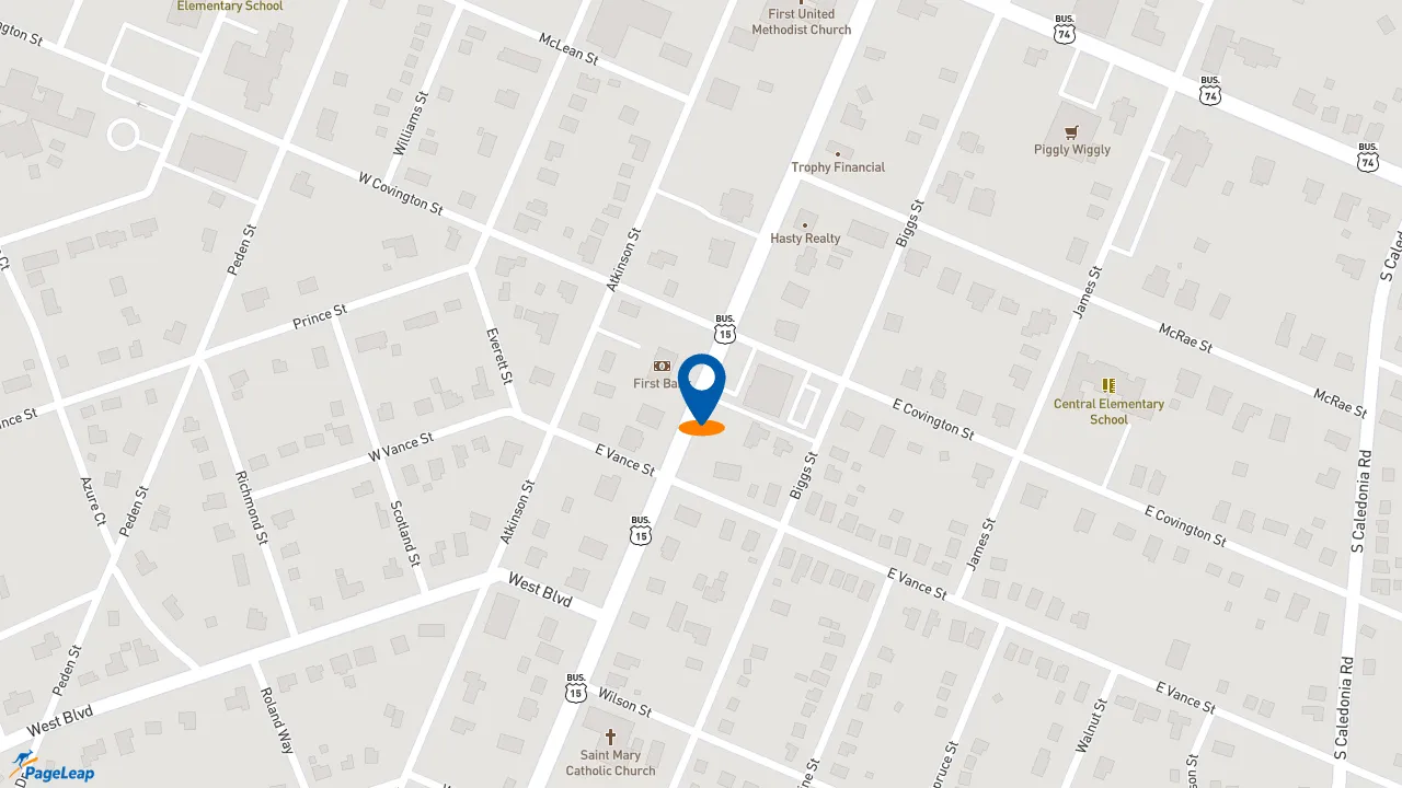 https://pageleap.com map showing location of Dunkin&#039; in Laurinburg.