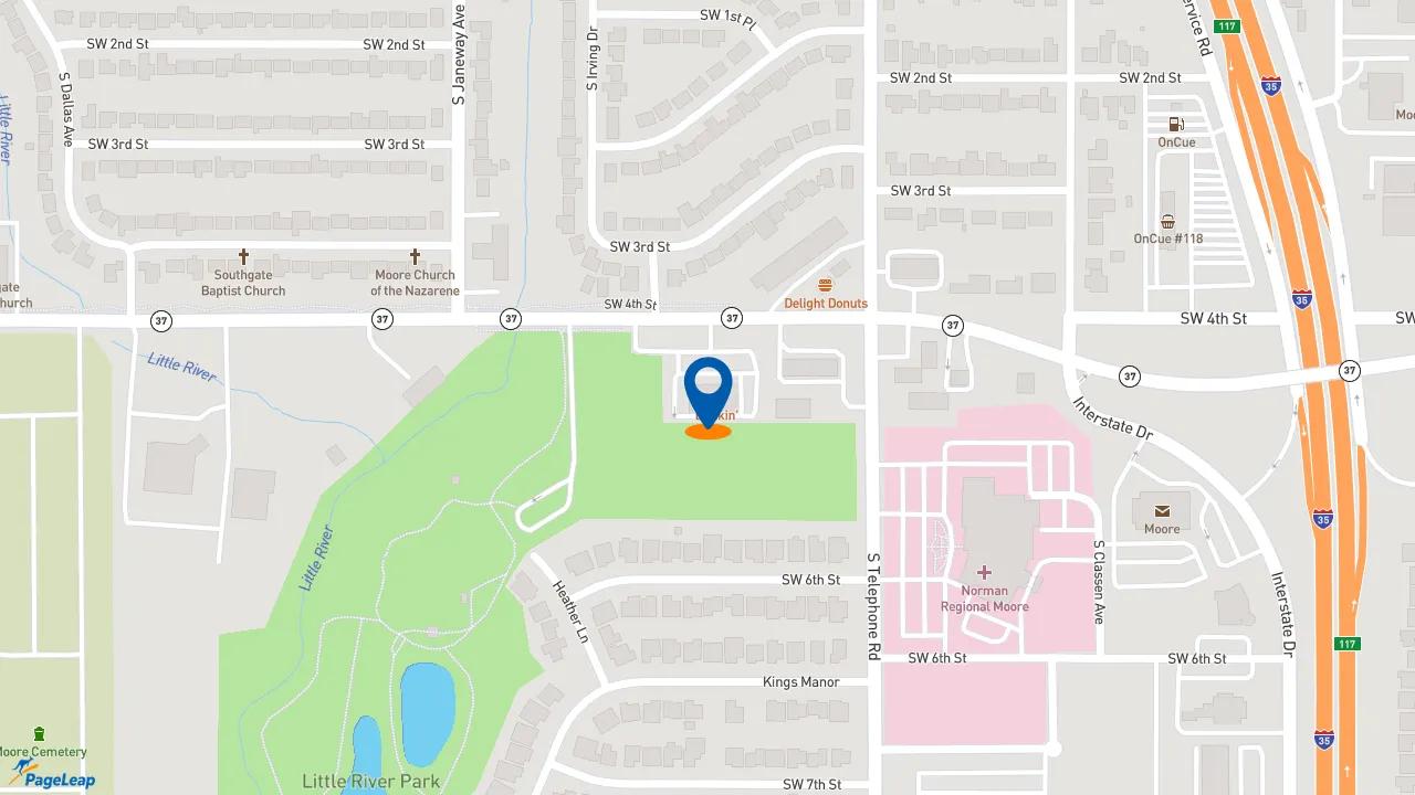 https://pageleap.com map showing location of Dunkin&#039; in Moore.