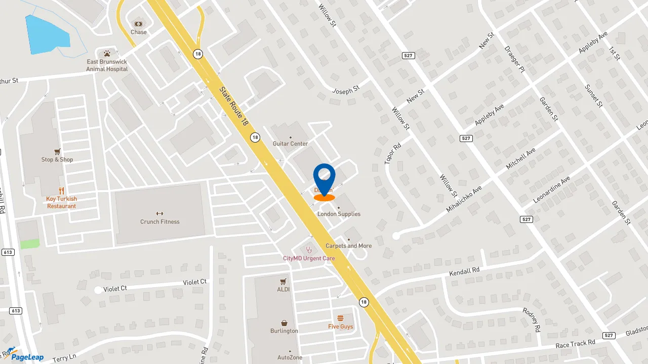 https://pageleap.com map showing location of Dunkin&#039; in East Brunswick Township.