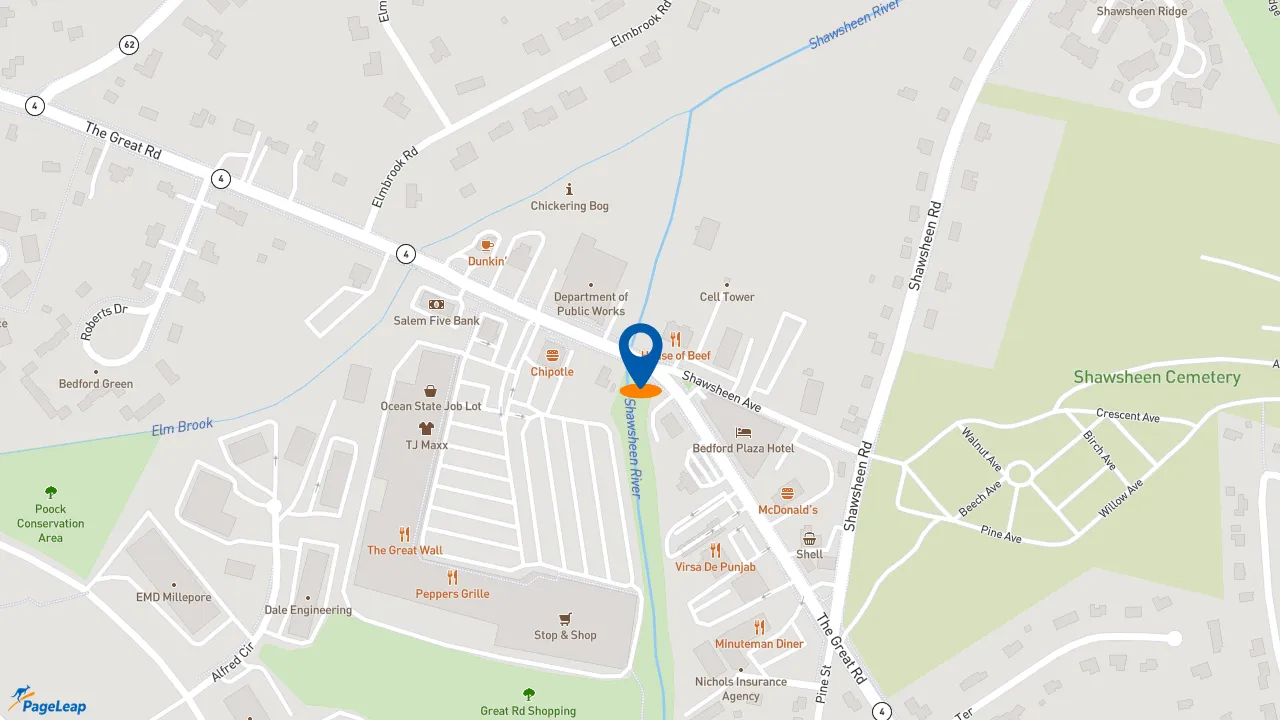 https://pageleap.com map showing location of Dunkin&#039; in Bedford.