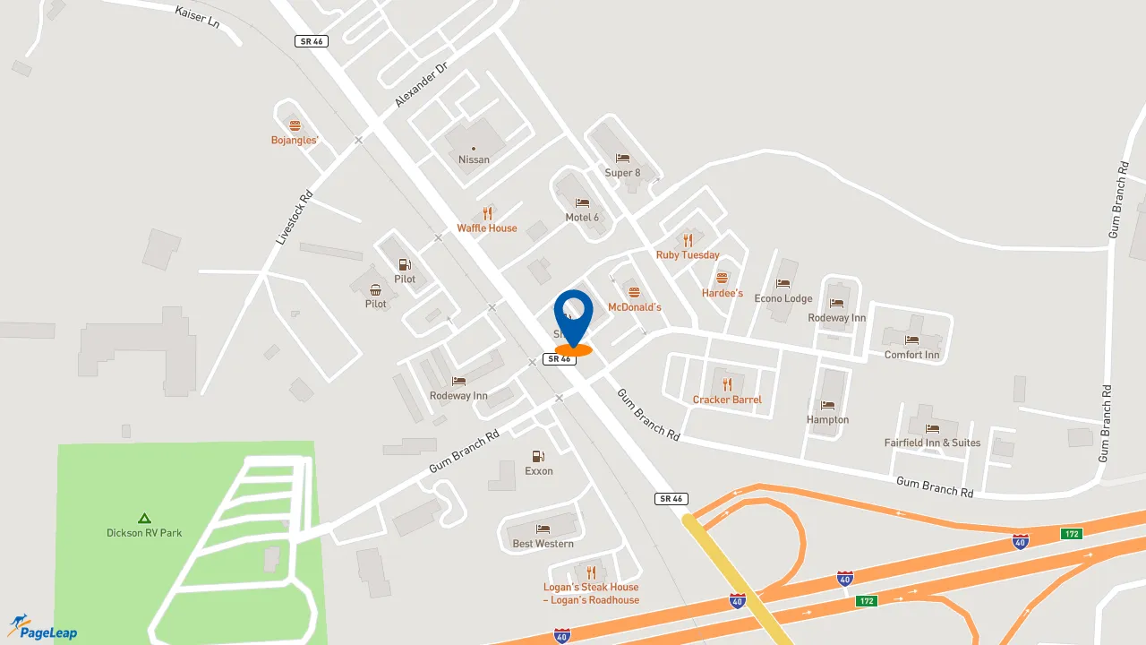 https://pageleap.com map showing location of Dunkin&#039; in Dickson.