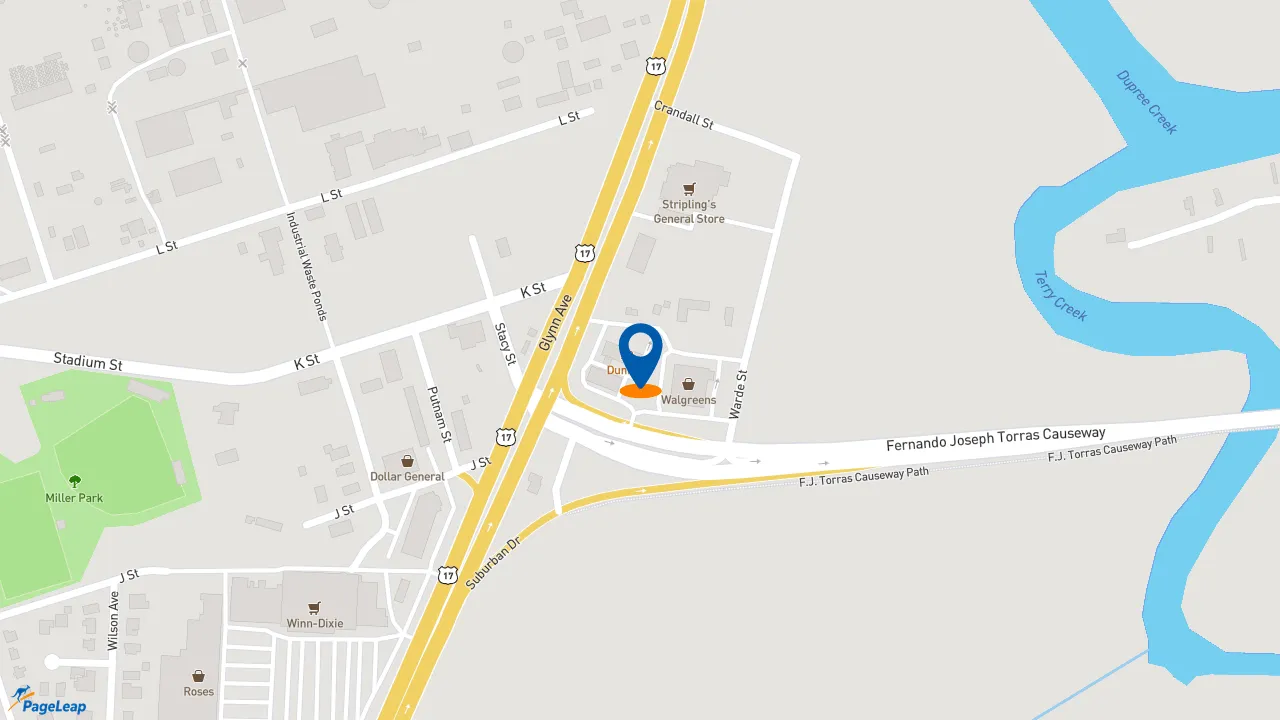 https://pageleap.com map showing location of Dunkin&#039; in Brunswick.