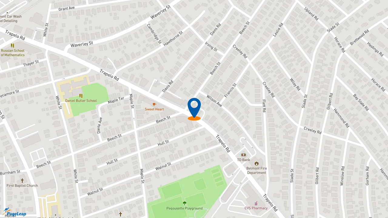 https://pageleap.com map showing location of Dunkin&#039; in Belmont.