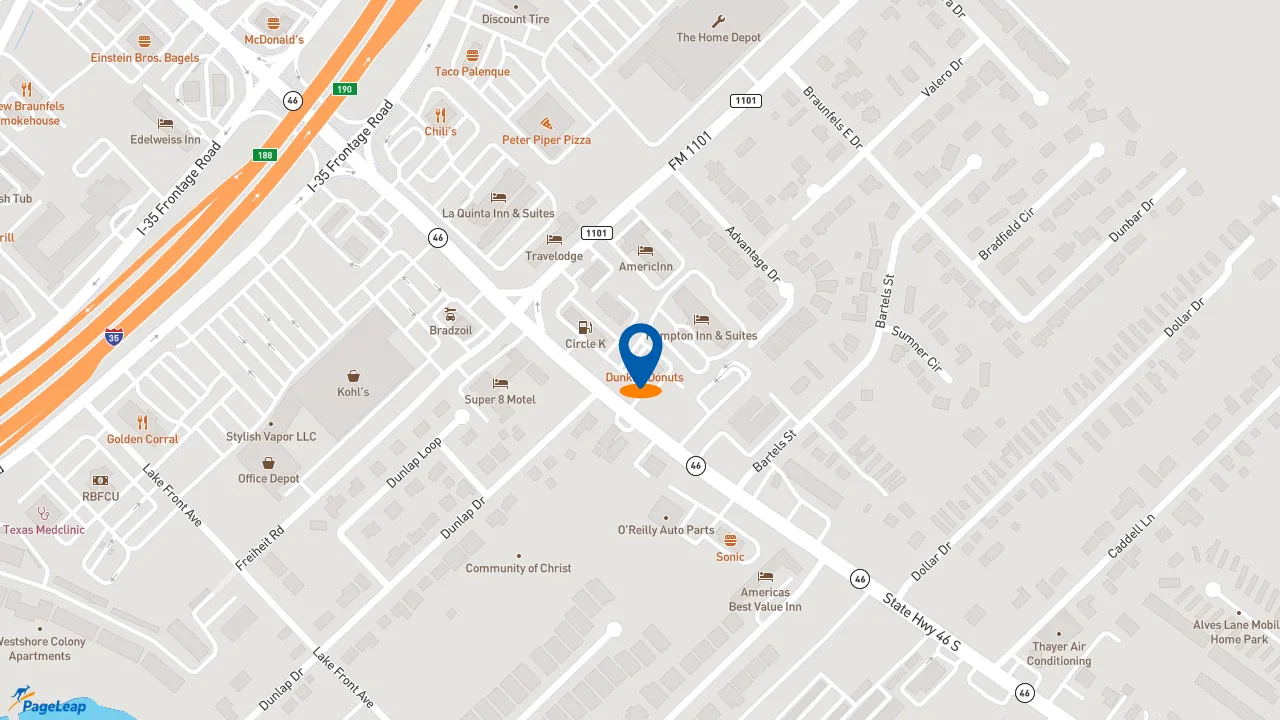 https://pageleap.com map showing location of Dunkin&#039; in New Braunfels.