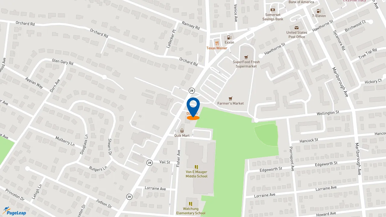 https://pageleap.com map showing location of Dunkin&#039; in Middlesex.
