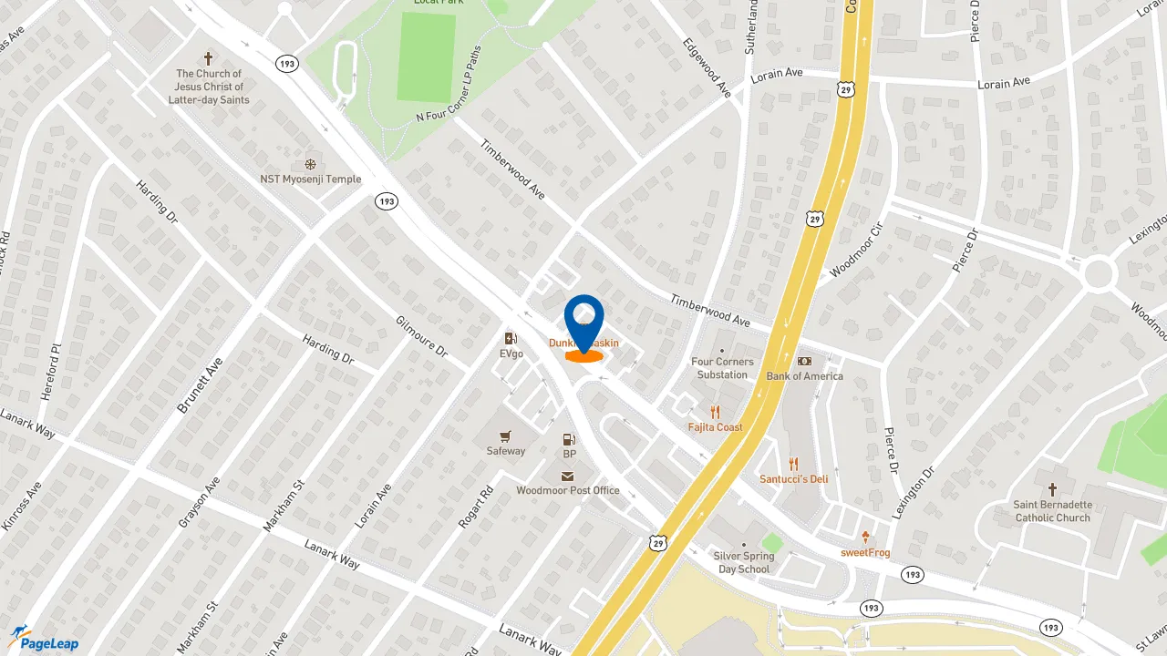 https://pageleap.com map showing location of Dunkin&#039; in Silver Spring.