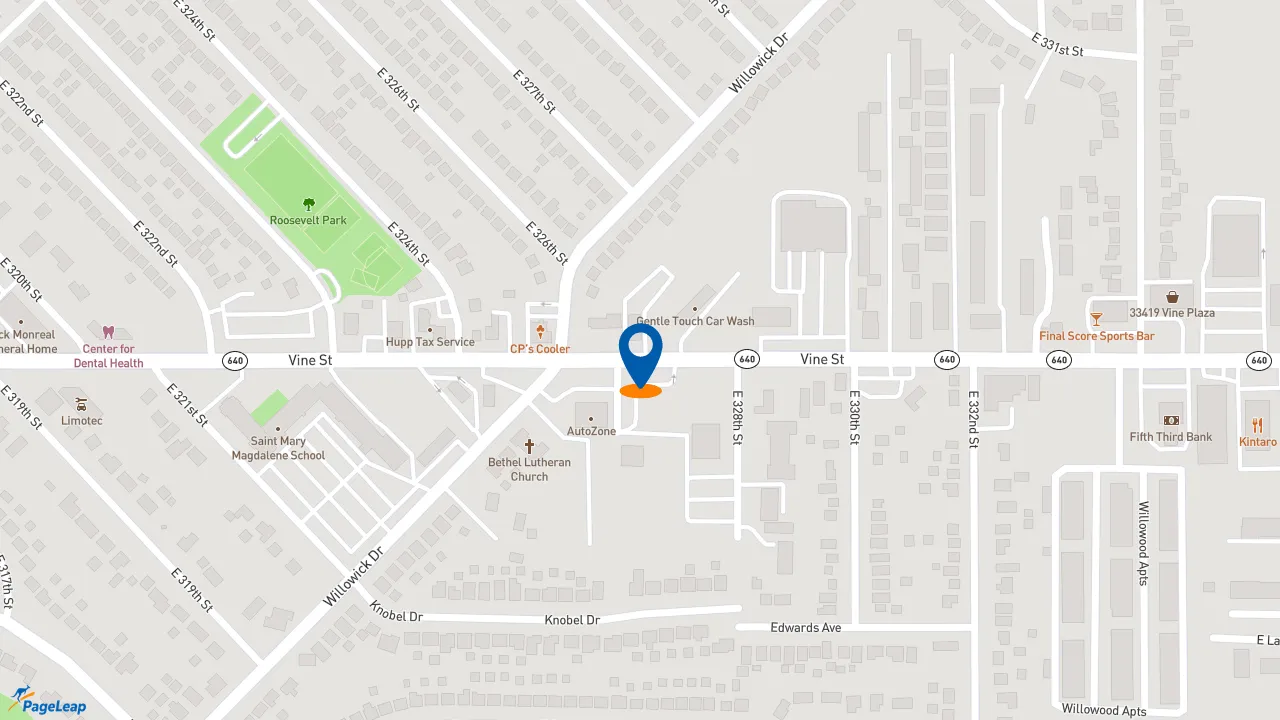 https://pageleap.com map showing location of Dunkin&#039; in Willowick.