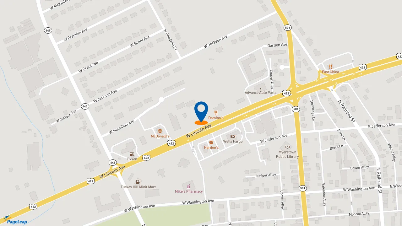 https://pageleap.com map showing location of Dunkin&#039; in Myerstown.