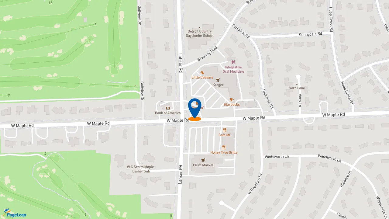https://pageleap.com map showing location of Dunkin&#039; in Bloomfield Hills.